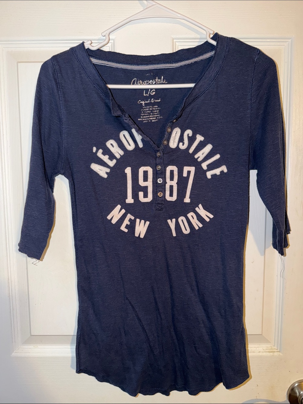 Aeropostale Navy Henley Long Sleeve Tee with White 1987 Graphic